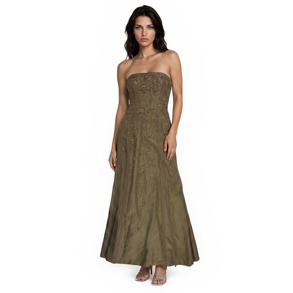 Vintage Jovani Evening Gown‎ Women's Size 8 Olive Strapless Beaded Floral Dress